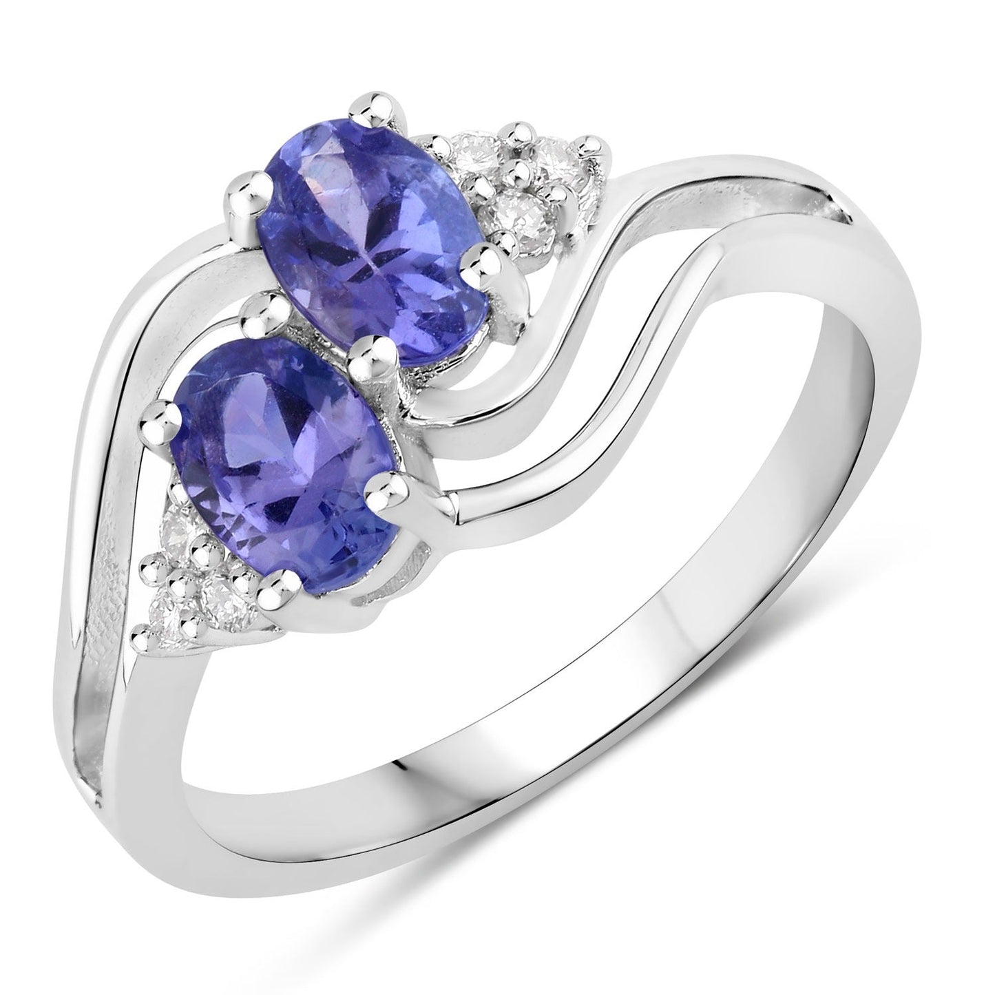 0.88 Ct Oval Violet Tanzanite and Lab Grown Diamond Prong Silver Bypass Ring
