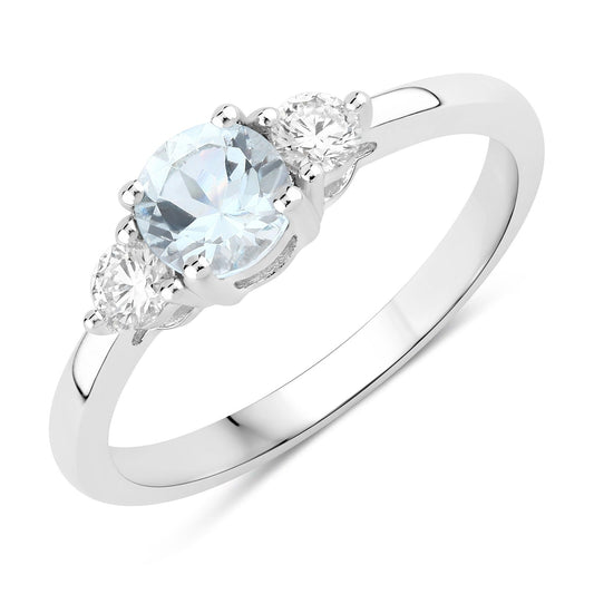 0.38 Ct Round Blue Aquamarine and Lab Diamond Prong Silver Three Stone Ring
