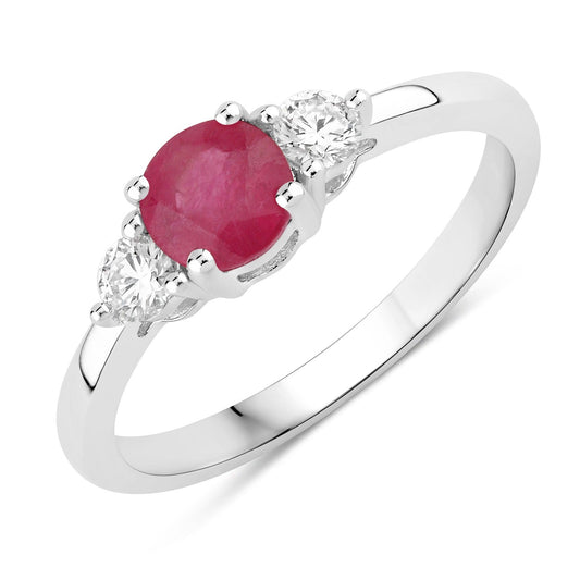 0.55 Ct Round Pink Mozambique Ruby & Lab Diamond Prong Silver Three Stone Ring