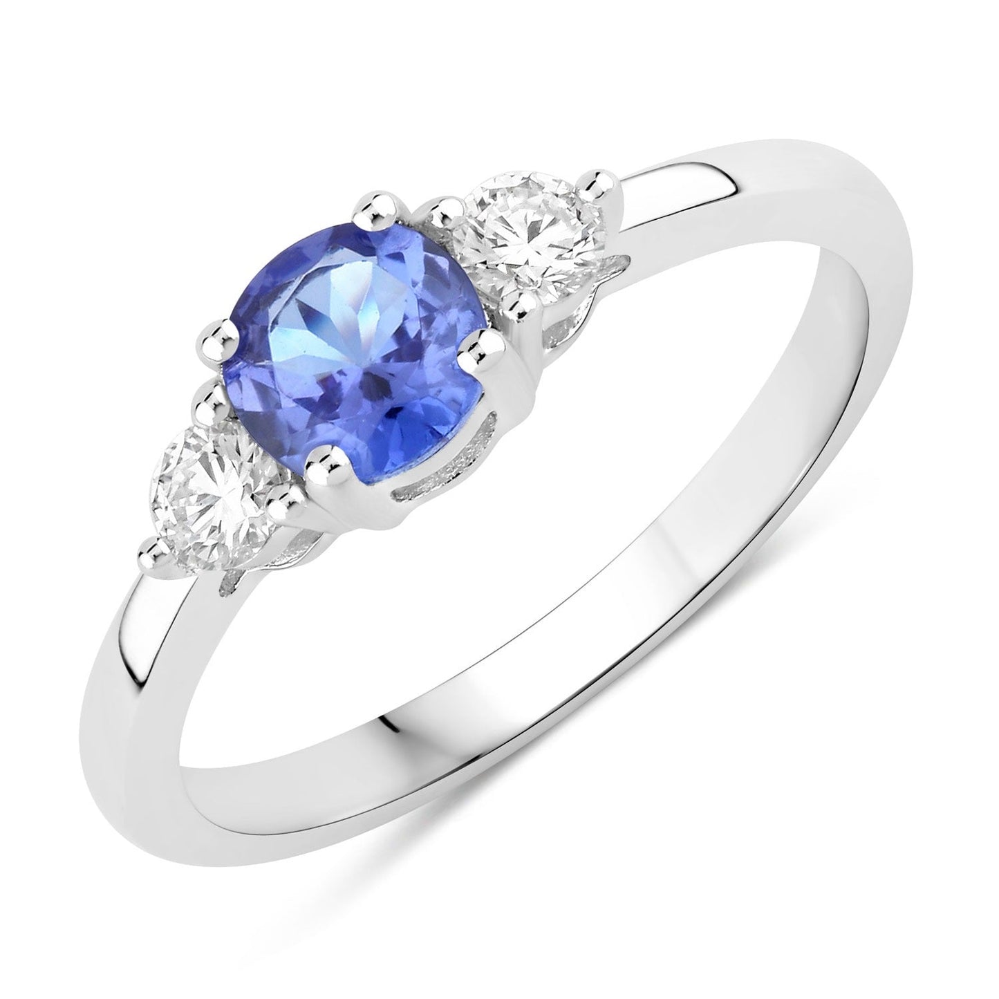 0.47 Ct Round Violet Tanzanite & Lab Diamond Prong Silver Three Stone Ring