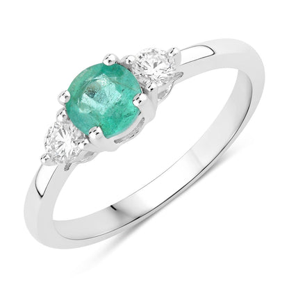 0.42 Ct Round Green Zambian Emerald & Lab Diamond Prong Silver Three Stone Ring