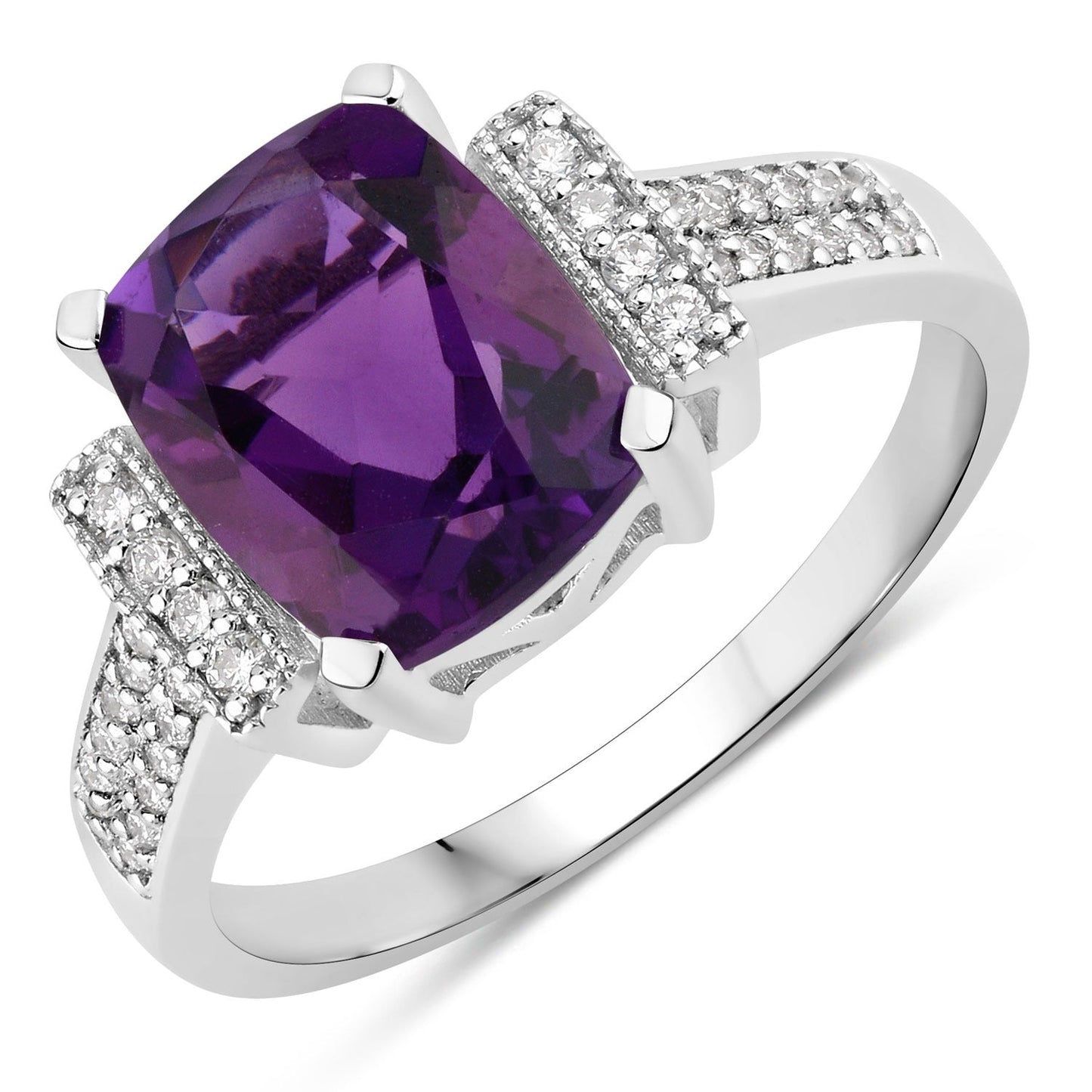 2.60 Ct Cushion Purple Amethyst and Lab Diamond Prong Silver Statement Ring