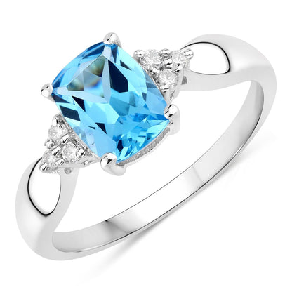 1.51 Ct Cushion Swiss Blue Topaz & Lab Diamond Prong Silver Cocktail Ring