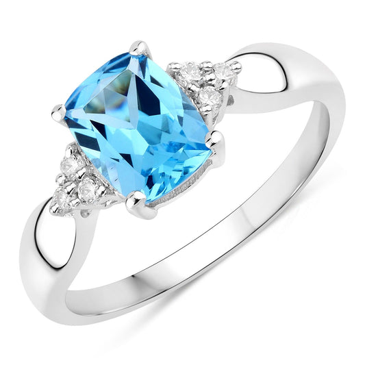 1.51 Ct Cushion Swiss Blue Topaz & Lab Diamond Prong Silver Cocktail Ring