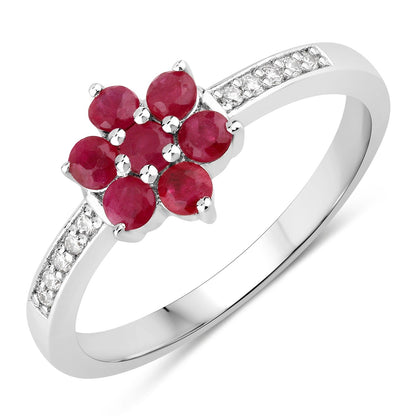 0.49 Ct Round Red Mozambique Ruby and Lab Diamond Prong Silver Pave Floral Ring
