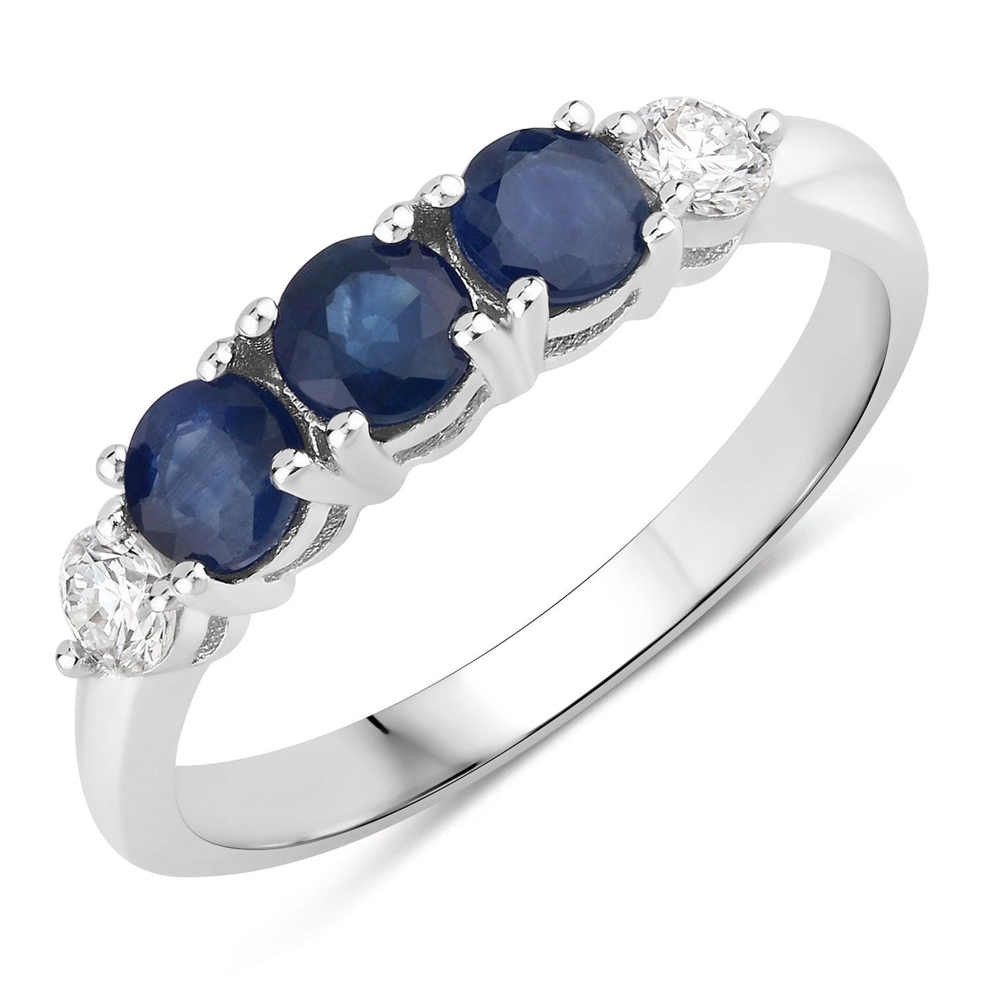 0.90 Ct Round Blue Sapphire & Lab Diamond Prong Silver Five Stone Ring