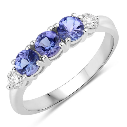 0.69 Ct Round Violet Tanzanite & Lab Diamond Prong Silver Five Stone Ring