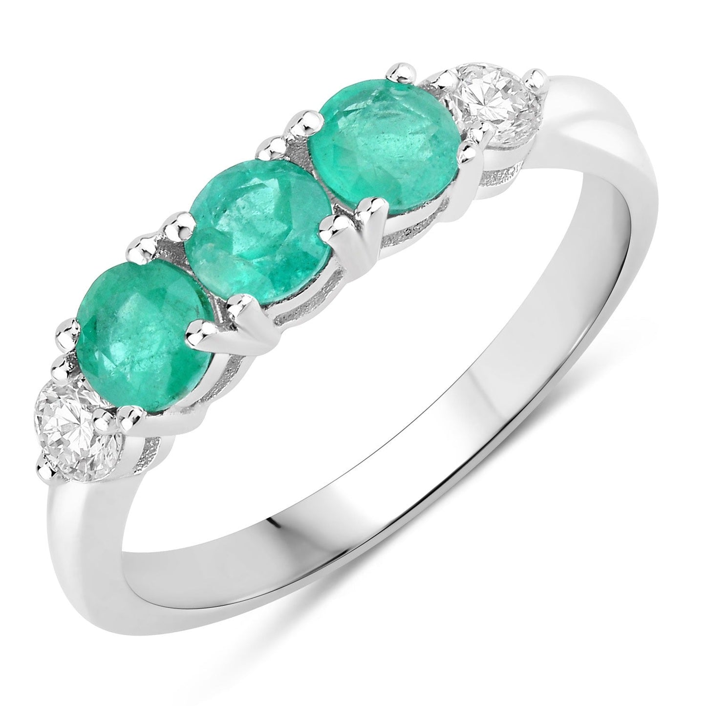 0.69 Ct Round Green Zambian Emerald & Lab Diamond Prong Silver Five Stone Ring