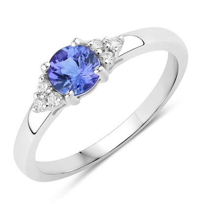 0.47 Ct Round Violet Tanzanite & Lab Diamond Prong Silver Cocktail Ring