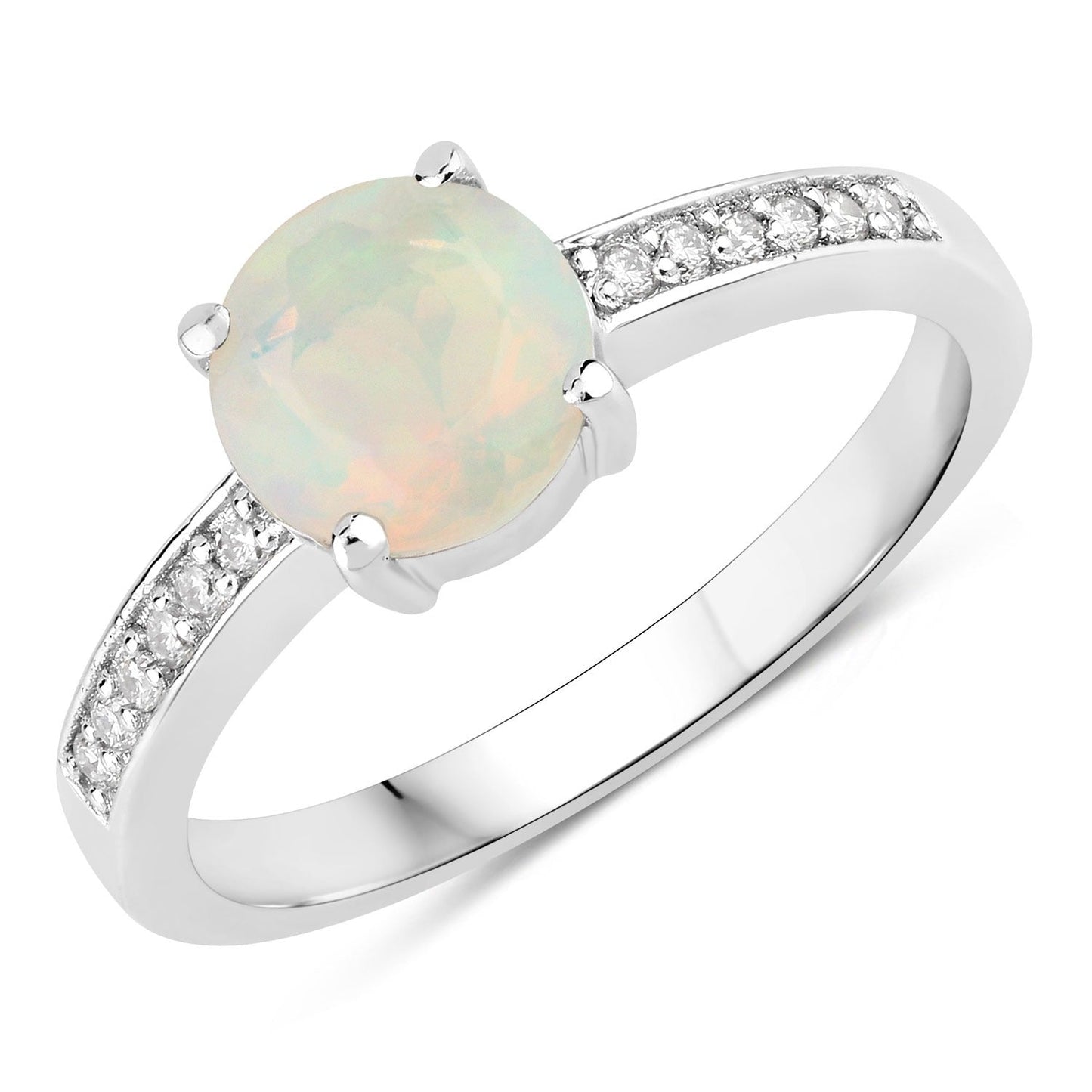 0.65 Ct Round White Ethiopian Opal & Lab Diamond Prong Silver Pave Bridge Ring