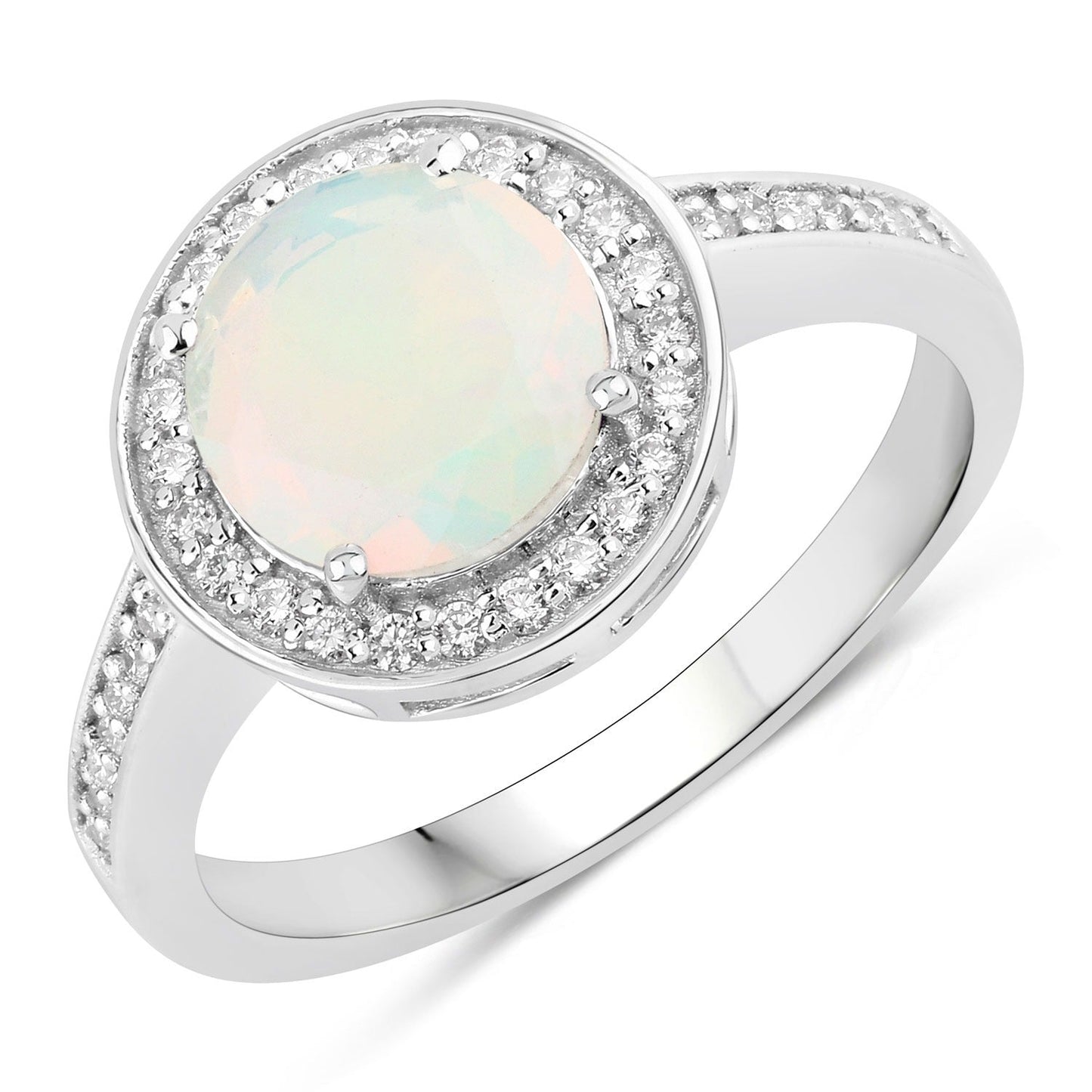 0.90 Ct Round White Ethiopian Opal Lab Diamond Prong Silver Pave Halo Ring