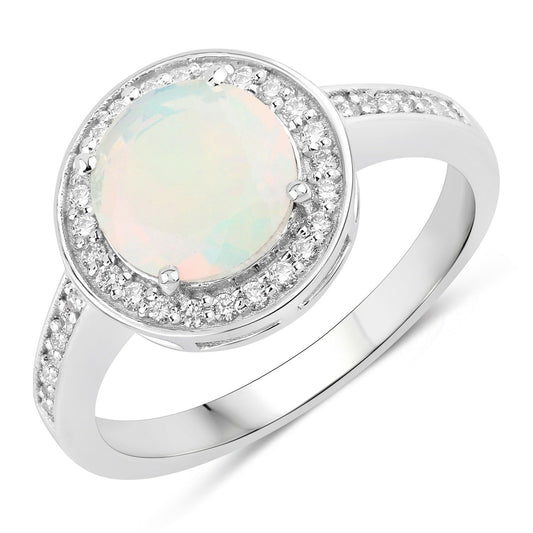 0.90 Ct Round White Ethiopian Opal Lab Diamond Prong Silver Pave Halo Ring