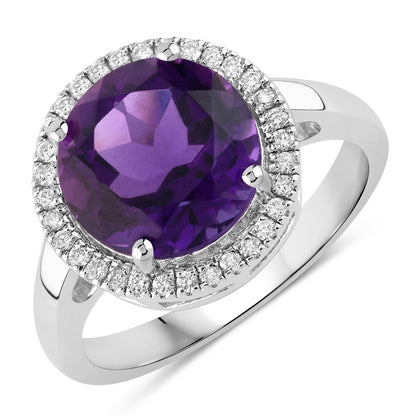 3.30 Ct Round Purple Amethyst Lab Diamond Prong Silver Halo Ring