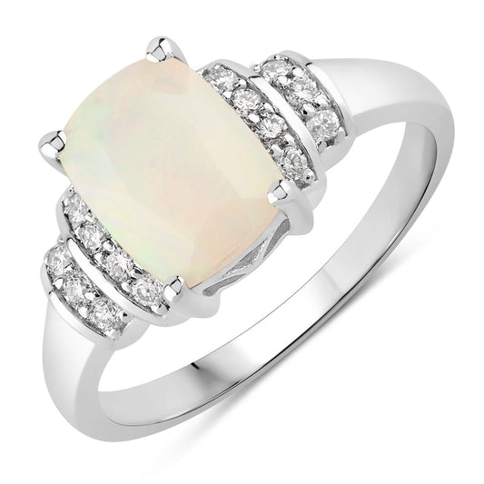 1 Ct Cushion White Ethiopian Opal Lab Diamond Prong Silver Bridge Ring