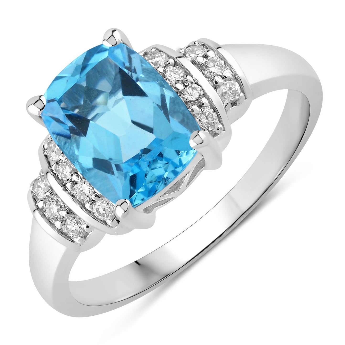2.65 Ct Cushion Swiss Blue Topaz and Lab Diamond Prong Silver Bridge Ring