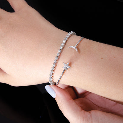 0.25 Ct Round White Diamond Prong 14k White Gold Moon and Star Flexible Open Cuff Bangle Bracelet