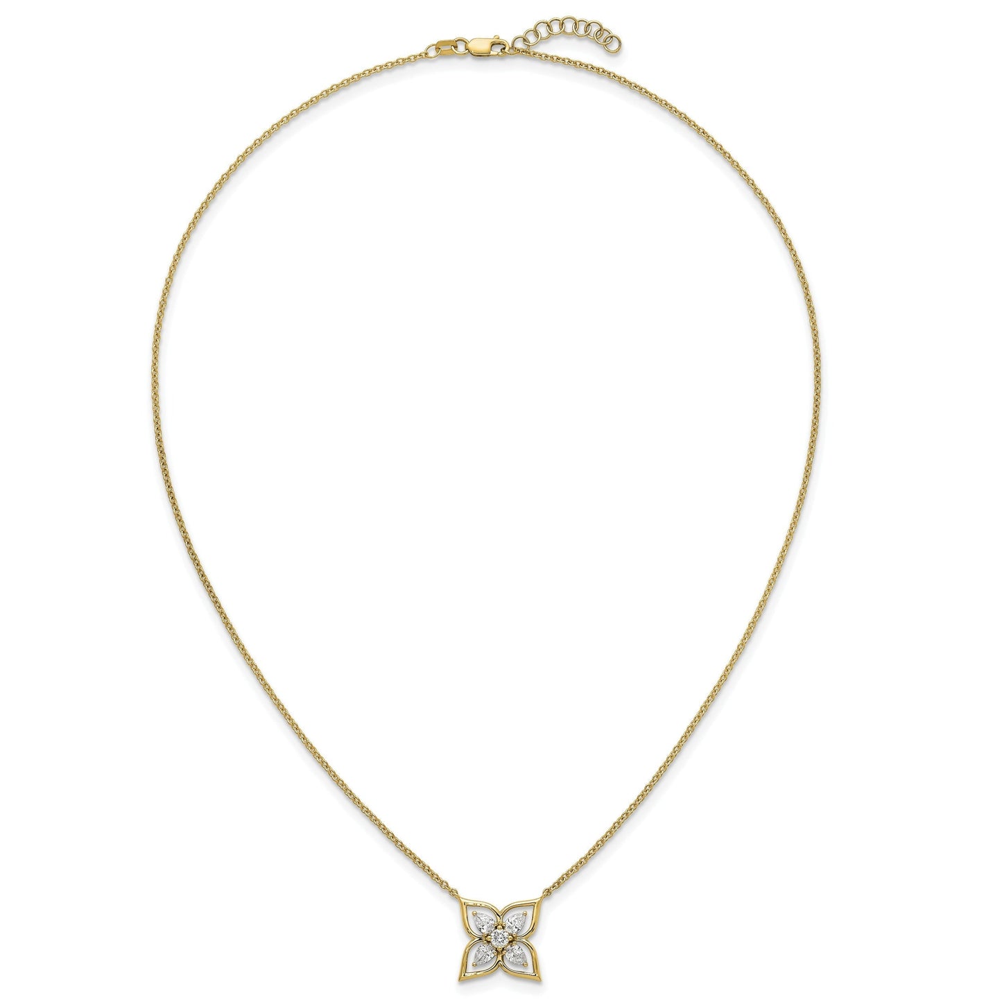 0.78CT Pear White Lab Grown Diamond Prong 14k Yellow Gold Flower Clover Pendant Fashion Necklace