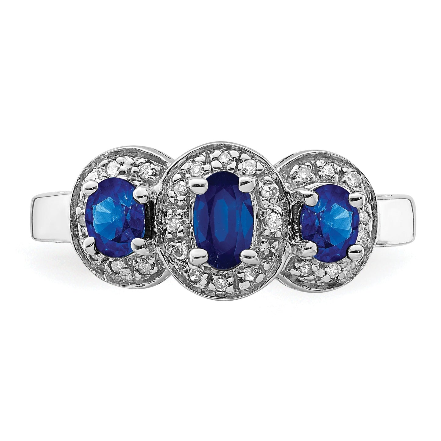 Blue Oval Sapphire and Diamond Prong Sterling Silver Three Stone Halo Ring