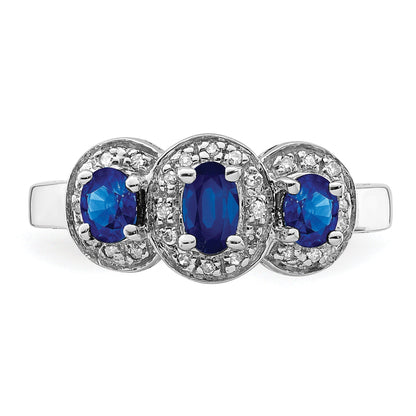 Blue Oval Sapphire and Diamond Prong Sterling Silver Three Stone Halo Ring
