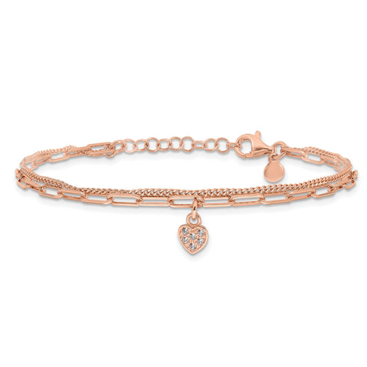 Round White Cubic Zirconia Prong Rose Gold Plated Silver 2-Strand Paperclip & Curb Chain with Pave Heart Charm Link Bracelet