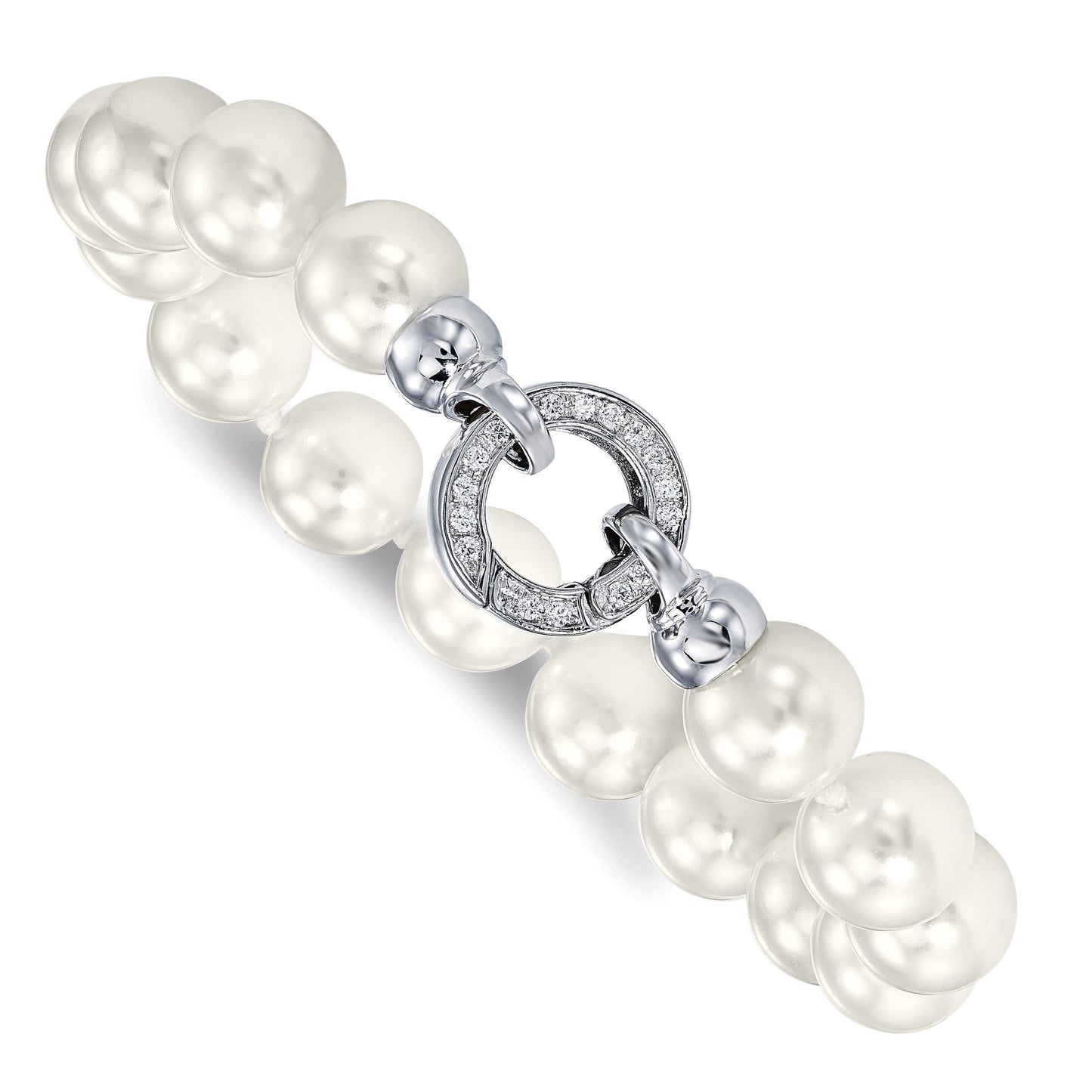 Round White Shell Pearl Rhodium-Plated Clasp Sterling Silver Hand-Knotted Fancy Bracelet
