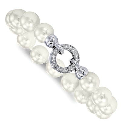 Round White Shell Pearl Rhodium-Plated Clasp Sterling Silver Hand-Knotted Fancy Bracelet