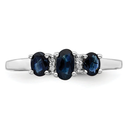 0.85 Ct Oval Blue Sapphire & Diamond Prong Rhodium-Plated Sterling Silver Three Stone Ring
