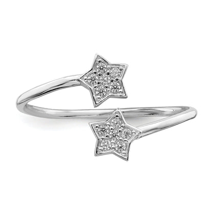 Round White Cubic Zirconia Prong Rhodium-Plated Silver Stars Bypass Adjustable Ring