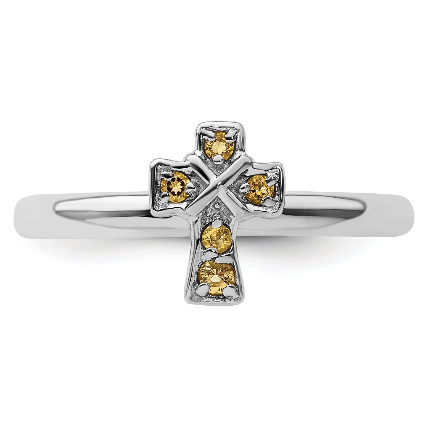 Silver Natural Yellow Citrine Stackable Cross Ring