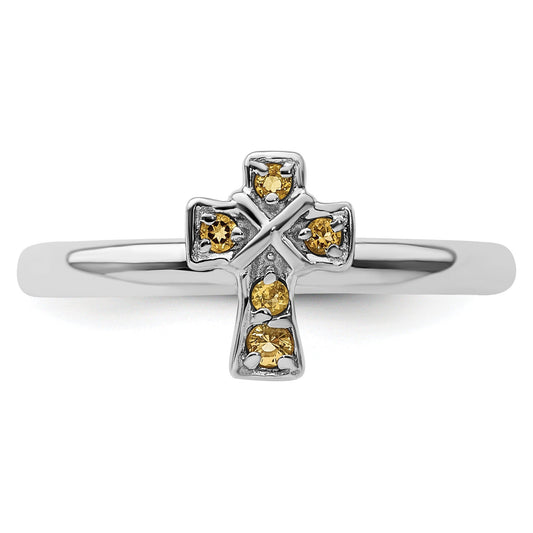 Silver Natural Yellow Citrine Stackable Cross Ring