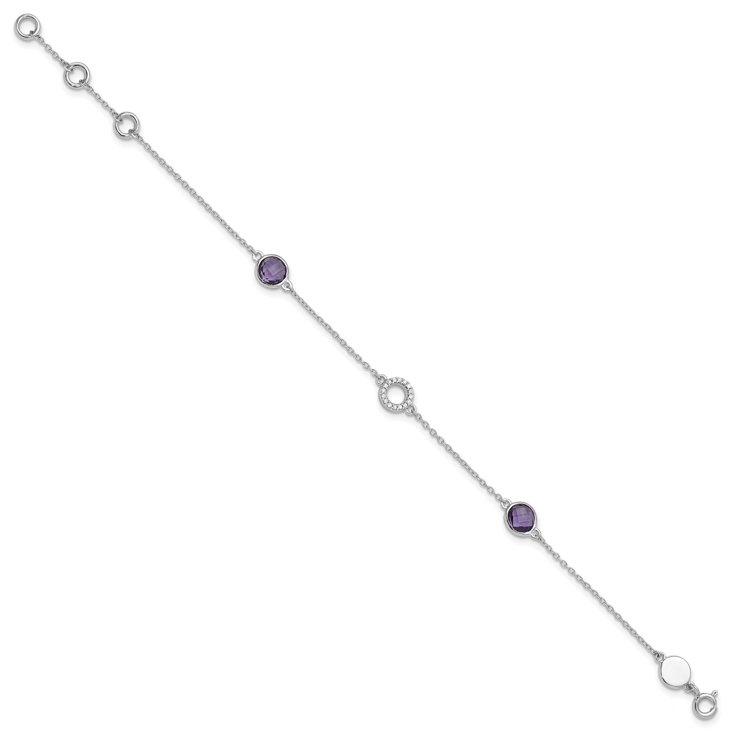 1.55 Ct Round Purple Amethyst & Diamond Bezel Sterling Silver Circle Station Chain Bracelet
