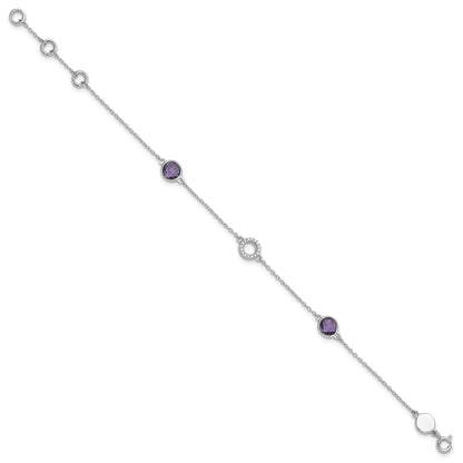 1.55 Ct Round Purple Amethyst & Diamond Bezel Sterling Silver Circle Station Chain Bracelet
