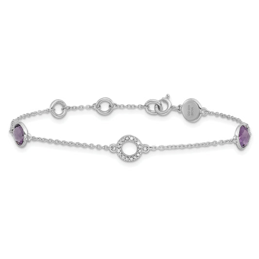 1.55 Ct Round Purple Amethyst & Diamond Bezel Sterling Silver Circle Station Chain Bracelet