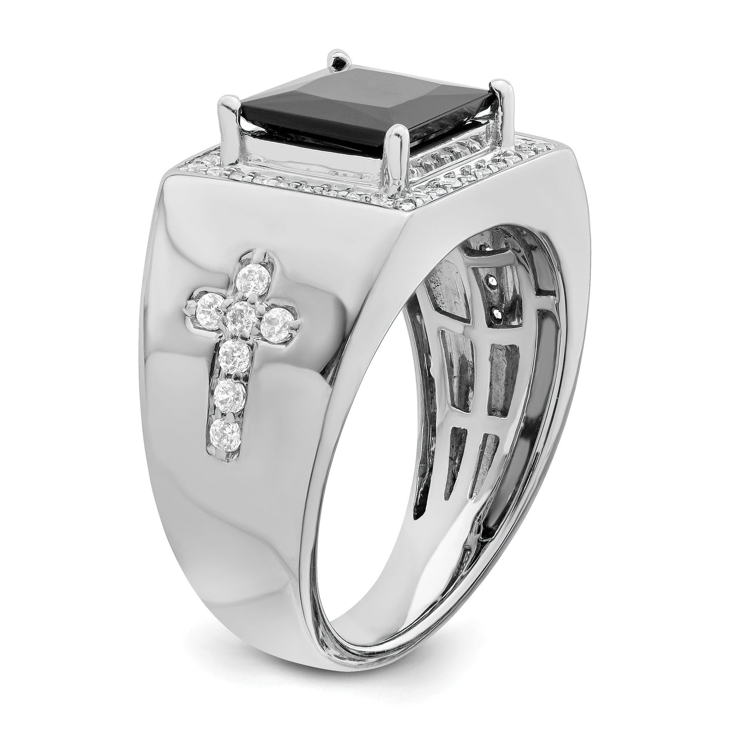 14k Gold 1/2 ct Lab Grown Diamond and Onyx Side Cross Square Men's Ring