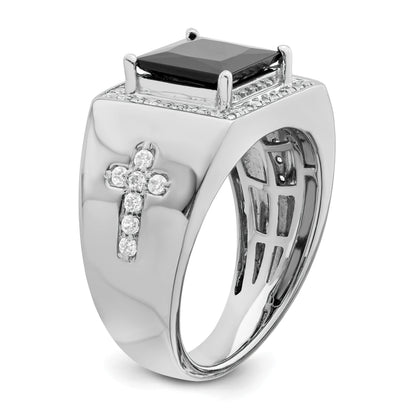 14k Gold 1/2 ct Lab Grown Diamond and Onyx Side Cross Square Men's Ring