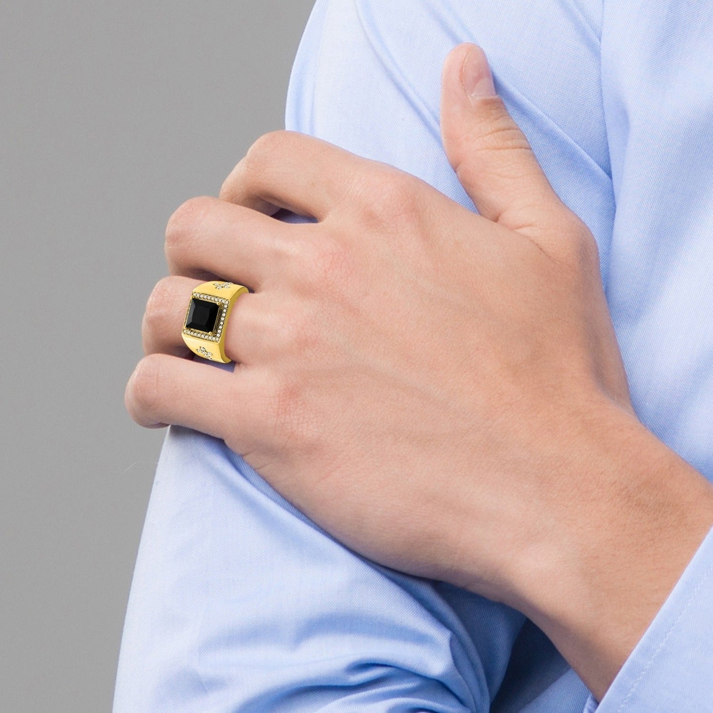 14k Gold 1/2 ct Lab Grown Diamond and Onyx Side Cross Square Men's Ring