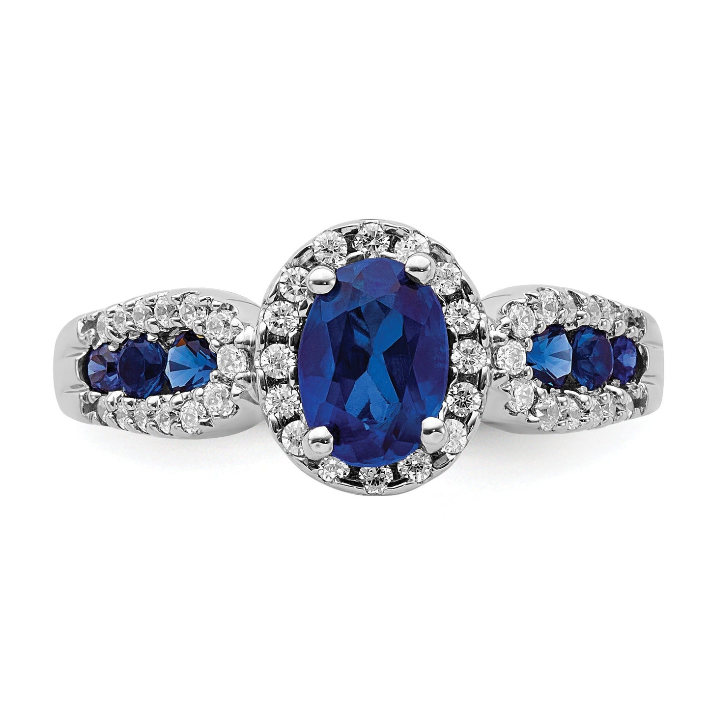 1.38 Ct Oval Blue Created Sapphire With Diamond Prong 14K Gold Engagement Halo Pave Ring