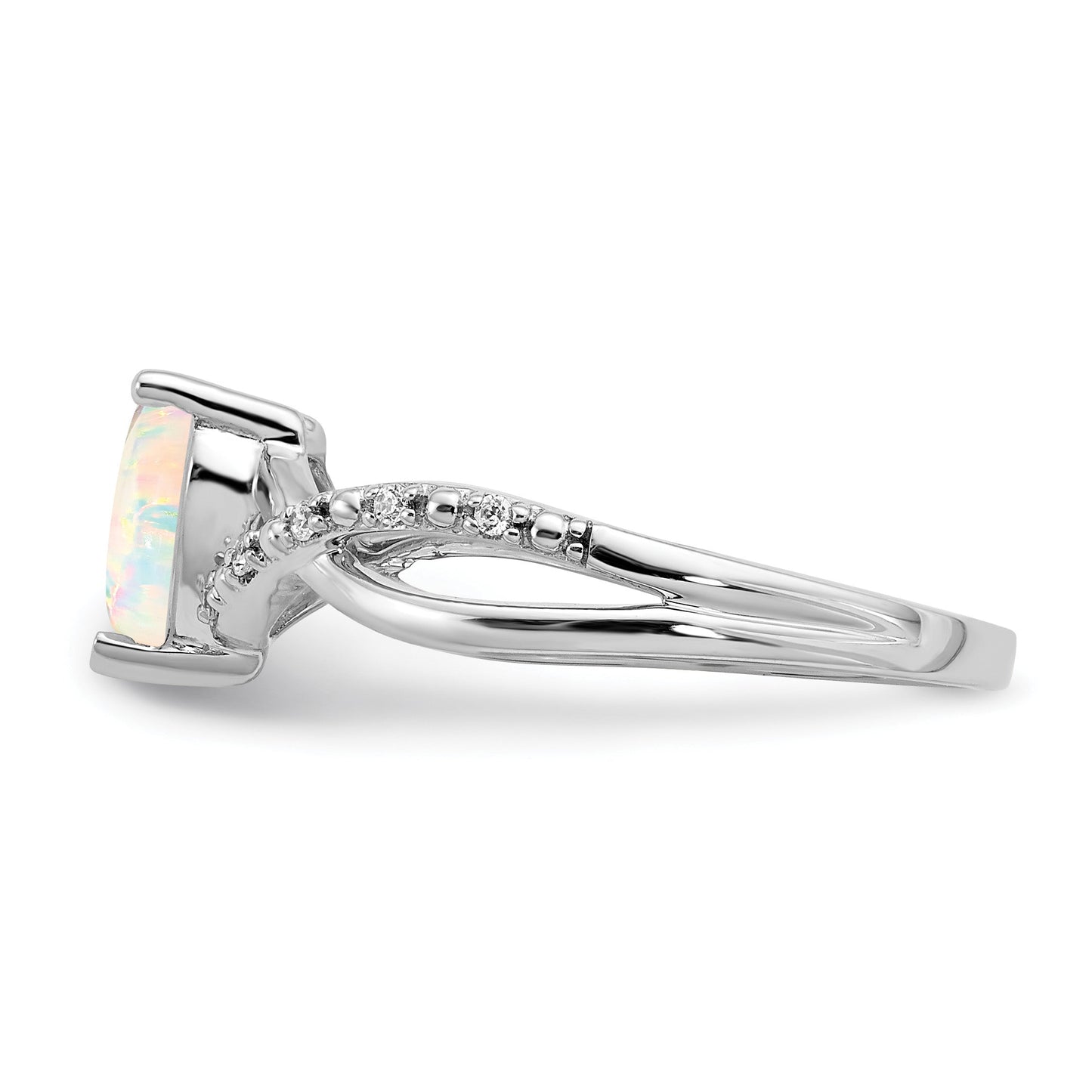 14k White Gold Created Opal and Diamond Pave Heart Ring