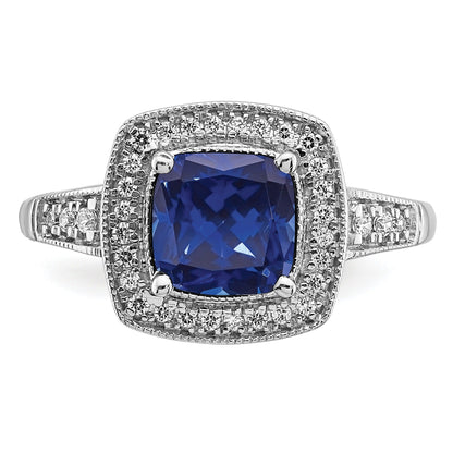 1.31 Ct Cushion Blue Lab Created Sapphire and Diamond Prong 14K White Gold Halo Ring