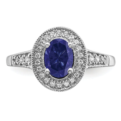 0.68 Ct Oval Lab Created Blue Sapphire and Diamond Prong 14K White Gold Halo Side Pave Ring