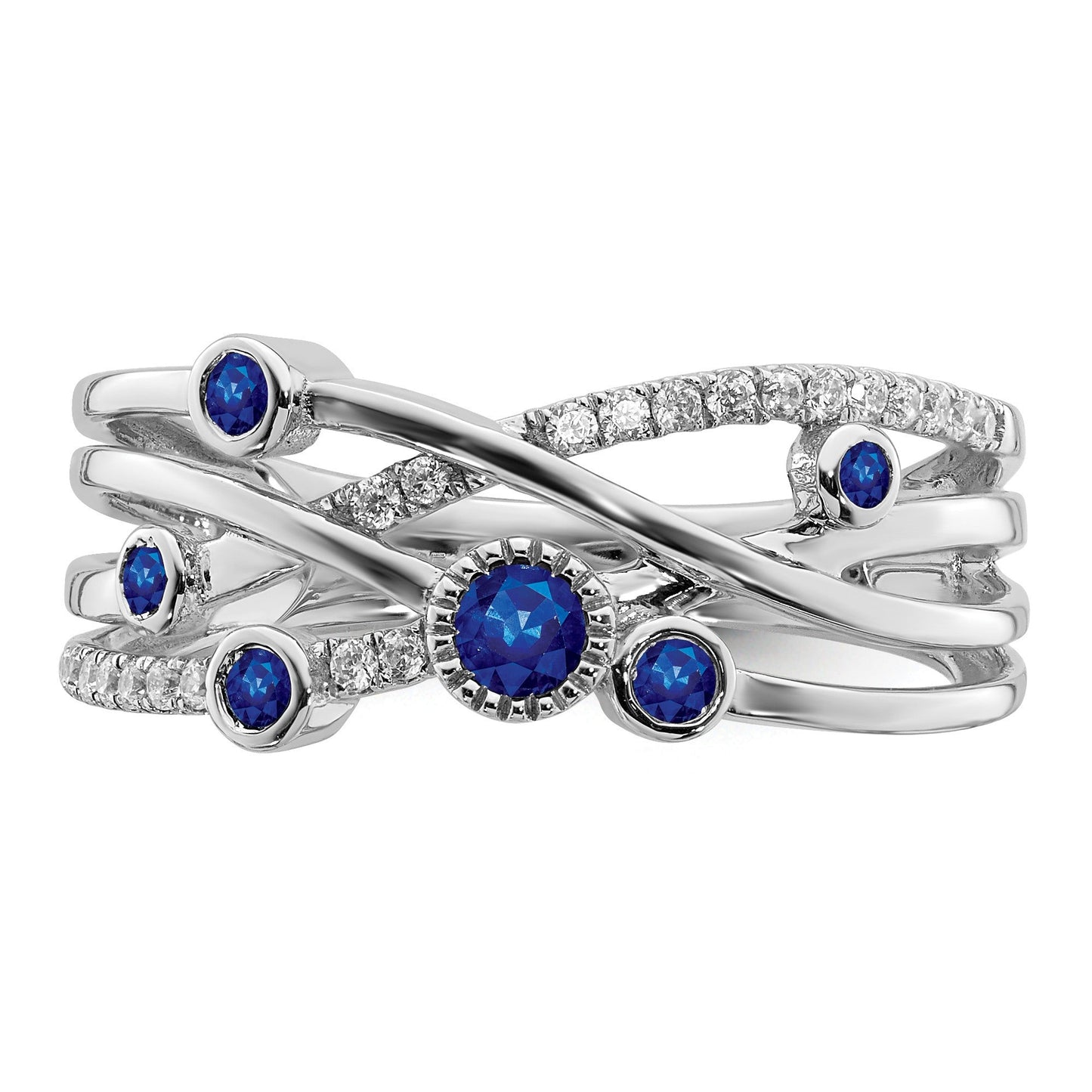 0.27 Ct Round Blue Sapphire Diamond White Gold Bezel Set Criss Cross Band Ring