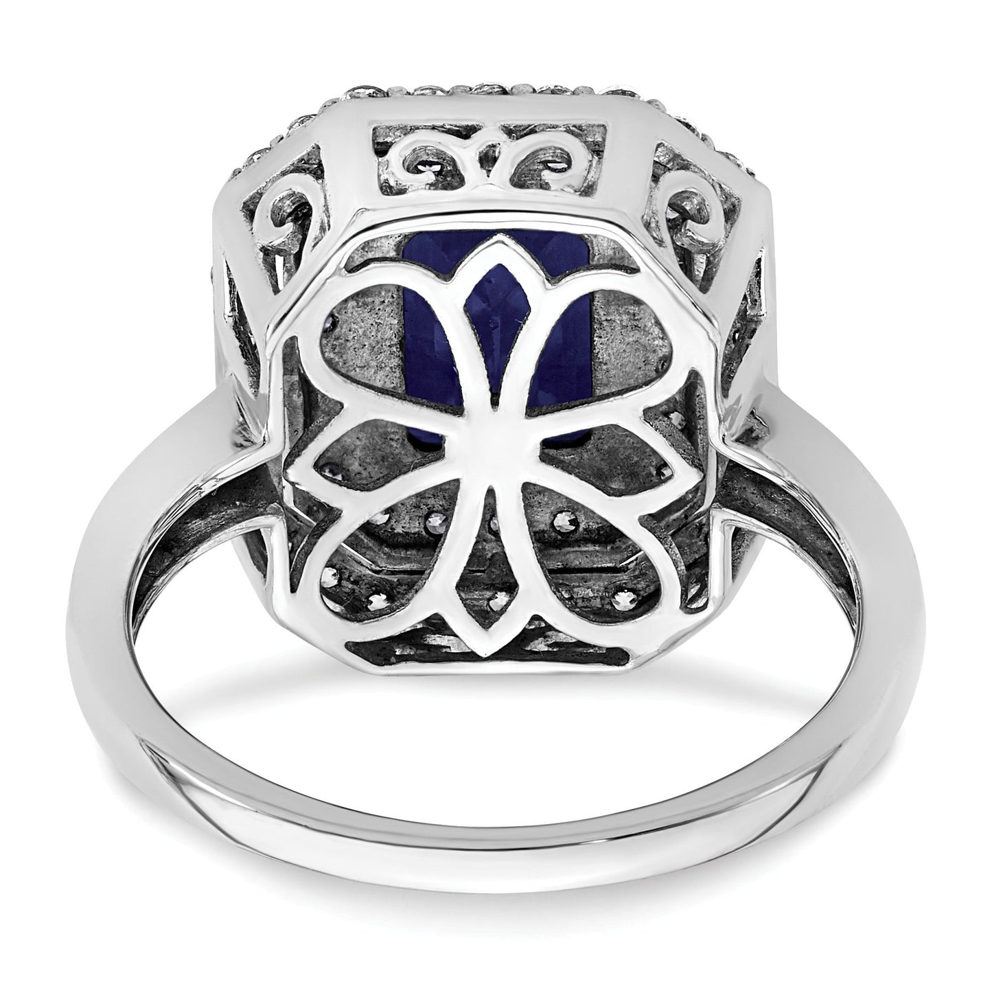 Emerald Cut Lab Created Blue Sapphire and Diamond 14K White Gold Double Halo Ring