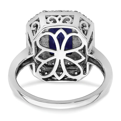 Emerald Cut Lab Created Blue Sapphire and Diamond 14K White Gold Double Halo Ring