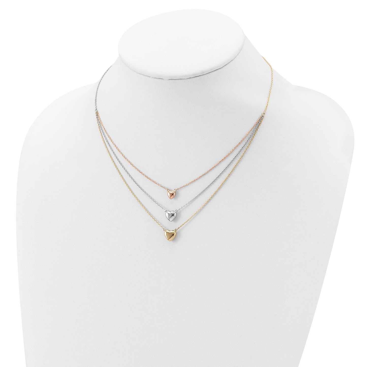 Tri-color Three Hearts 14K Gold Layered Cable Chain Necklace