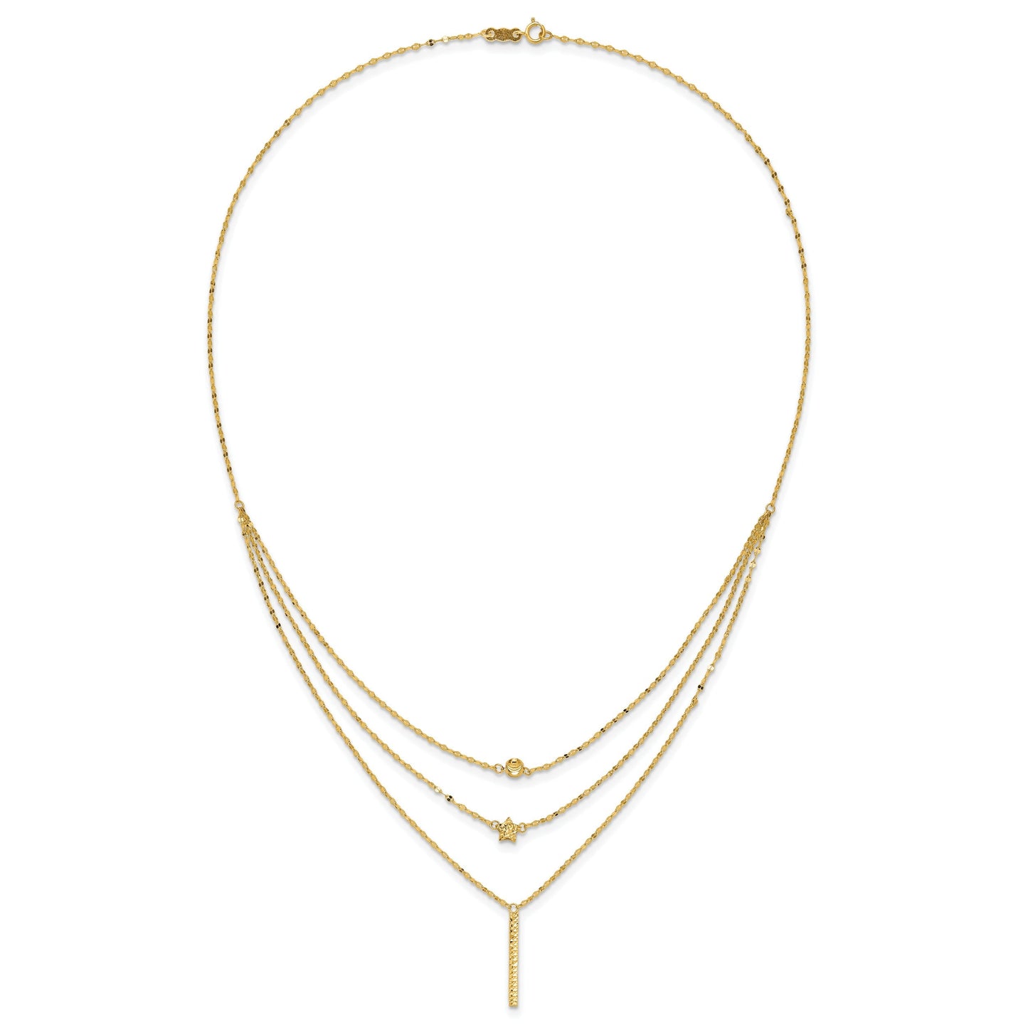 Diamond-Cut Star 14K Gold Three Strand Beaded Layered Necklace