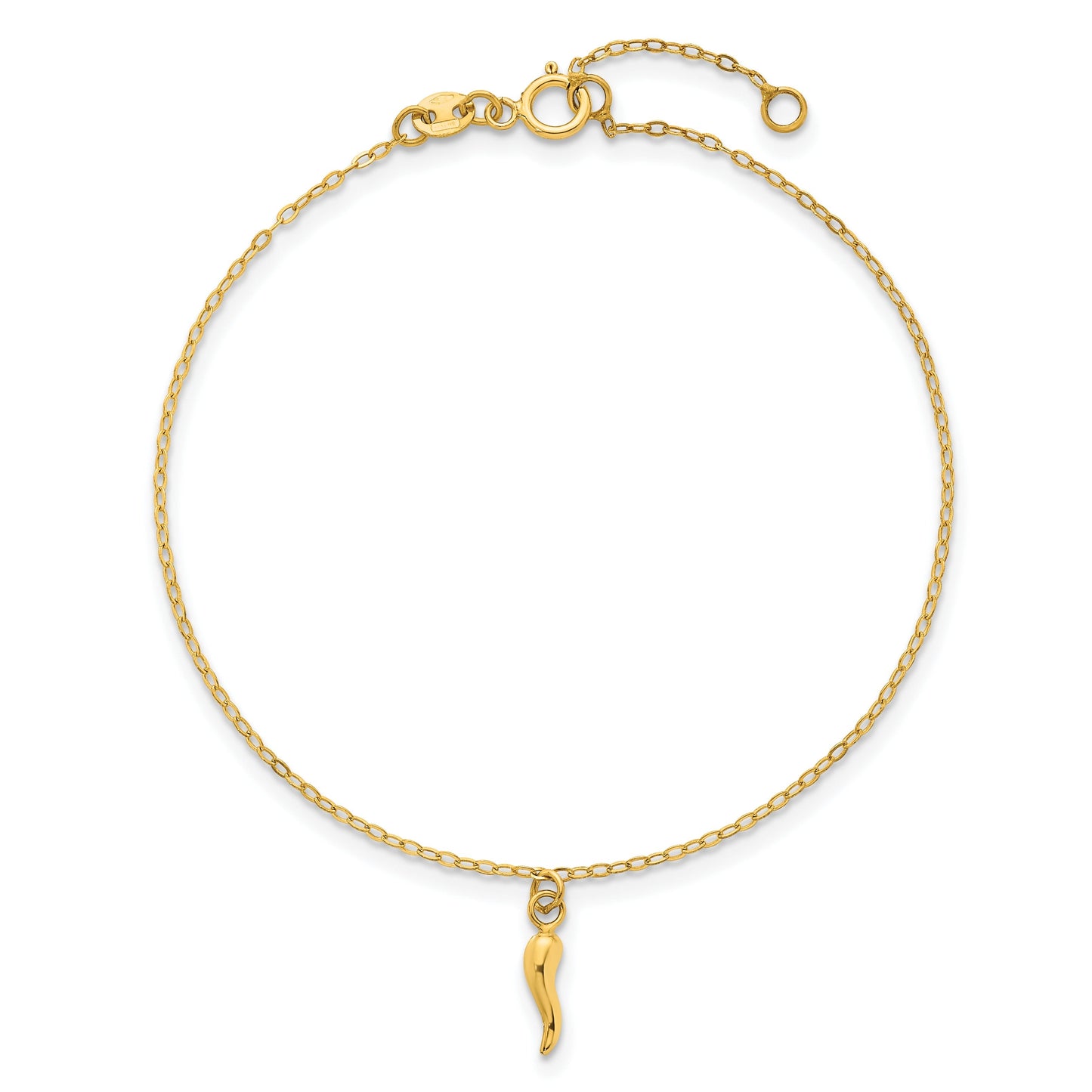 14K Yellow Gold Single Italian Horn Dangle with Spring Ring Clasp Charm Bracelet