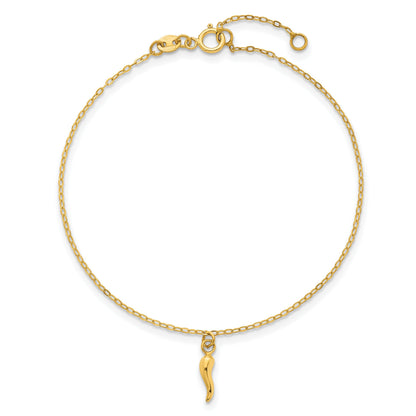 14K Yellow Gold Single Italian Horn Dangle with Spring Ring Clasp Charm Bracelet