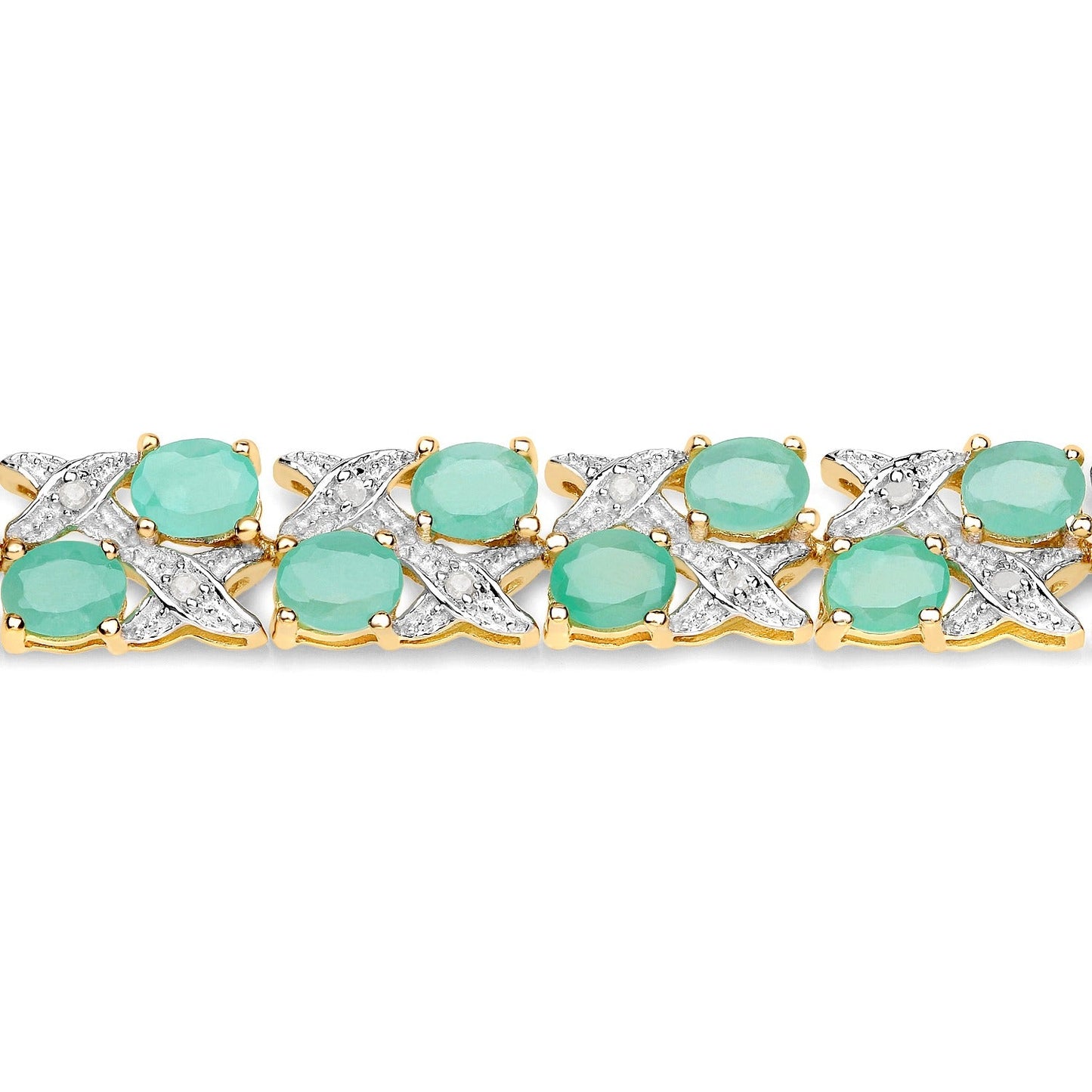 10.08 Ct Oval Green Emerald & Diamond Prong Yellow Gold Plated Silver Two Row X-Link Crossover Bracelet