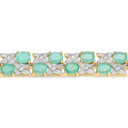 10.08 Ct Oval Green Emerald & Diamond Prong Yellow Gold Plated Silver Two Row X-Link Crossover Bracelet