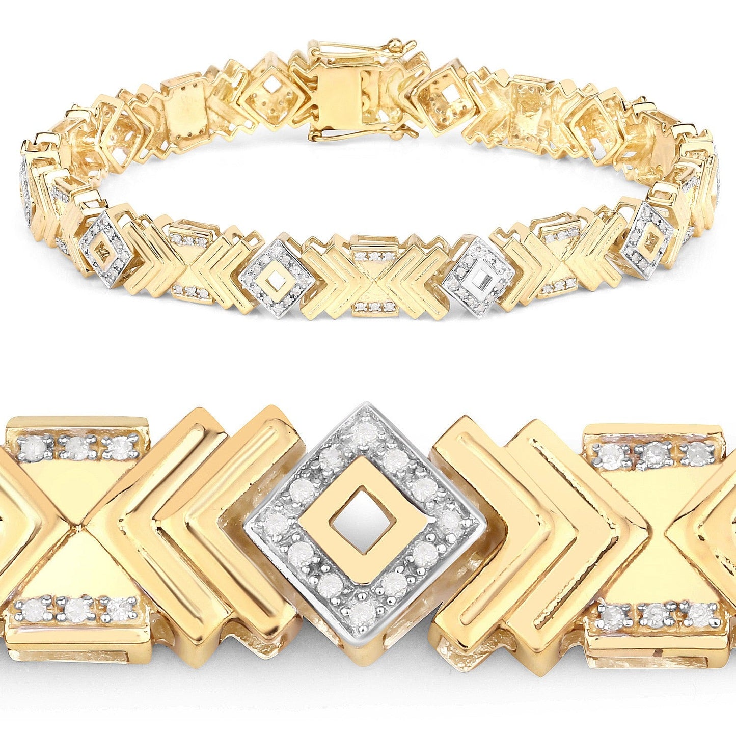 0.98 Ct Round White Diamond Prong Yellow Gold Over Silver Geometric Chevron Link Cocktail Bracelet